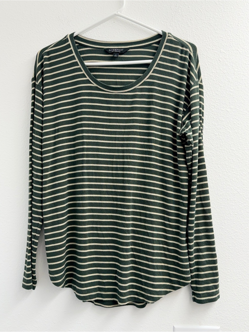 Liverpool Olive Green and Cream Striped Long-Sleeve flowy relaxed T size medium